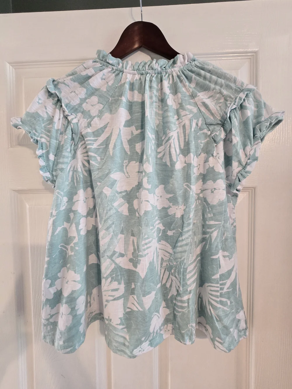 Wonderly Aqua Floral Tie-Front Ruffle Sleeve Tunic